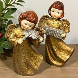 2 Vintage Christmas Angels  9"  Figurines Taiwan Gold Gowns Musical Instruments